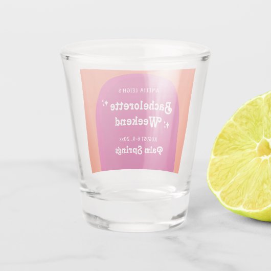 Roze & Oranje Zonsondergang Retro Bachelorette Wee Shot Glas (Achterkant)
