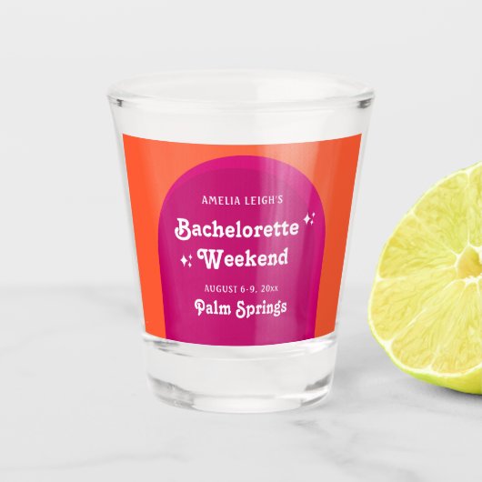 Roze & Oranje Zonsondergang Retro Bachelorette Wee Shot Glas (Voorkant)