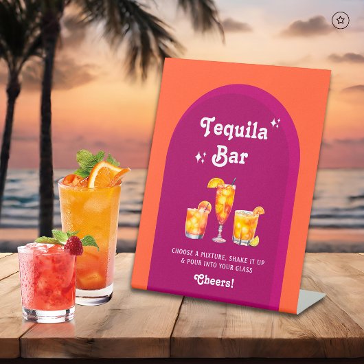 Roze & Oranje Zonsondergang Retro Tequila Bar Reclamebord Met Voetstuk