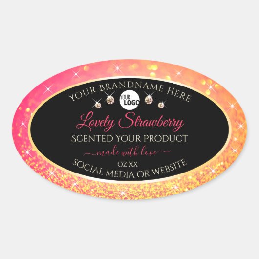 Roze Oranje zwarte Glitter-productlabels met Logo Ovale Sticker (Voorkant)