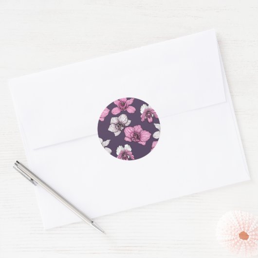 Roze orchidebloemen ronde sticker (Envelop)