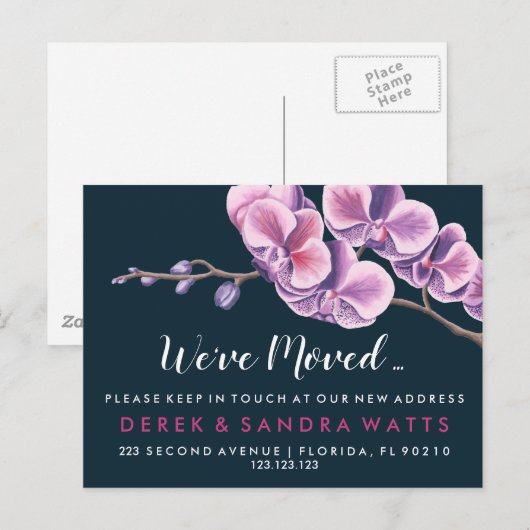 roze orchidee Adreswijziging we zijn verhuisd Aankondigingskaart (Voorkant / Achterkant)