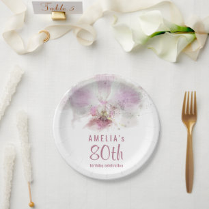 Roze Orchidee Aquarel Bloem 80ste Verjaardagsfeest Papieren Bordje