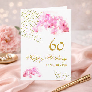 Roze Orchidee Aquarel Goud Glitter 60e Verjaardag Kaart