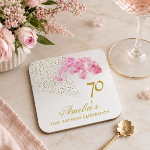 Roze Orchidee Aquarel Goud Glitters 70e Verjaardag Kartonnen Onderzetters