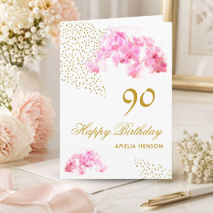 Roze Orchidee Aquarel Goud Glitters 90ste Verjaard Kaart