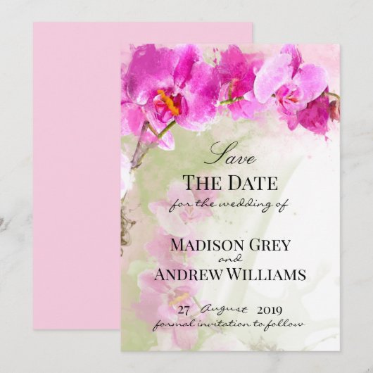 Roze Orchidee Aquarel Spat Save the Date (Voorkant / Achterkant)