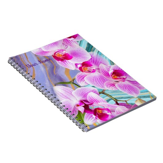 Roze Orchidee Bloem Paarse Marmer Gepersonaliseerd Notitieboek (Rechterzijde)