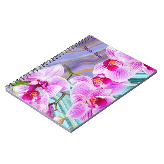 Roze Orchidee Bloem Paarse Marmer Gepersonaliseerd Notitieboek (Linkerzijde)