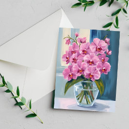 Roze Orchidee Bloemboeket Watercolor Kaart