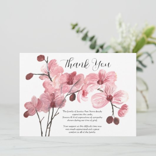 Roze Orchidee Bloemen Begrafenis Dood Dank u Kaart (Staand voorkant)