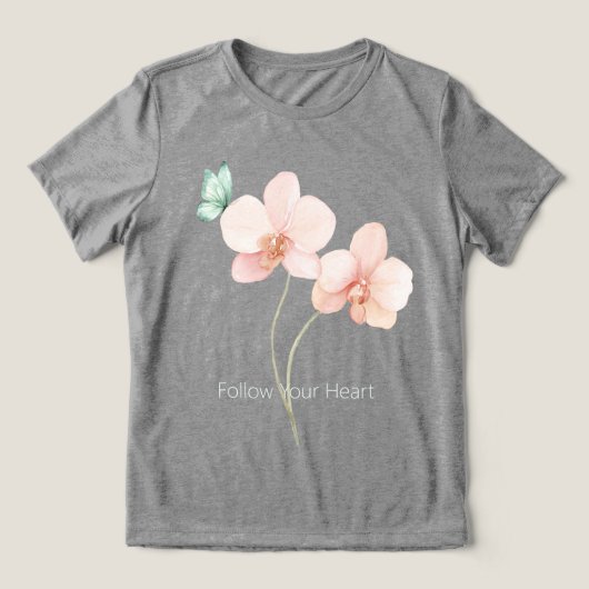Roze Orchidee Bloemen Mintgroene Vlinder Tri-Blend Shirt (Design voorkant)