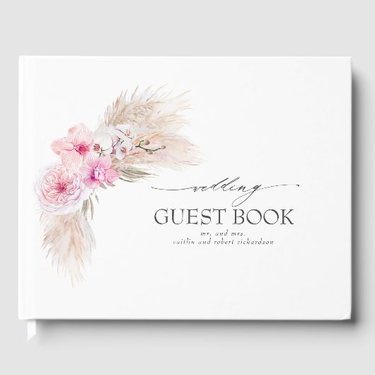 Roze Orchidee Bloemen Pampas Grass Bruiloft Gastenboek (Voorkant)