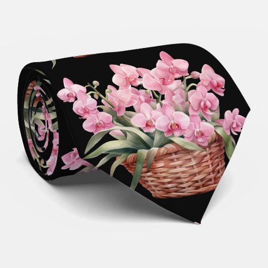 Roze Orchidee Bloemen Stropdas (Opgerold)