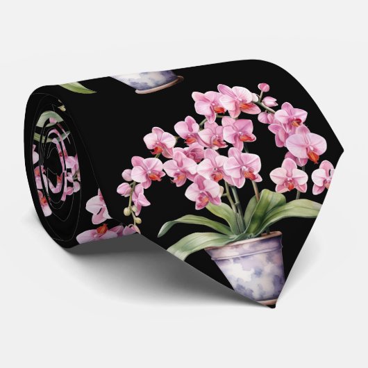 Roze Orchidee Bloemen Stropdas (Opgerold)