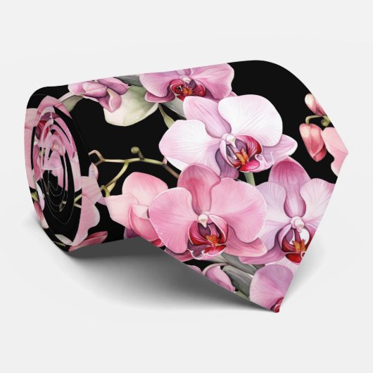 Roze Orchidee Bloemen Stropdas (Opgerold)