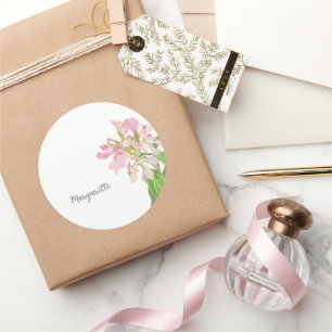 Roze Orchidee Bloemendesign – Elegante Botanische Ronde Sticker