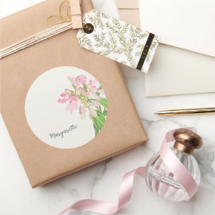 Roze Orchidee Bloemendesign – Elegante Botanische Ronde Sticker