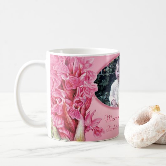Roze orchidee bloemenkunst  koffiemok (Met donut)