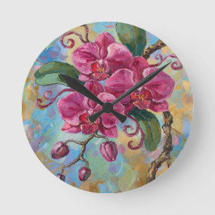 Roze Orchidee Bloemenschildering Ronde Klok