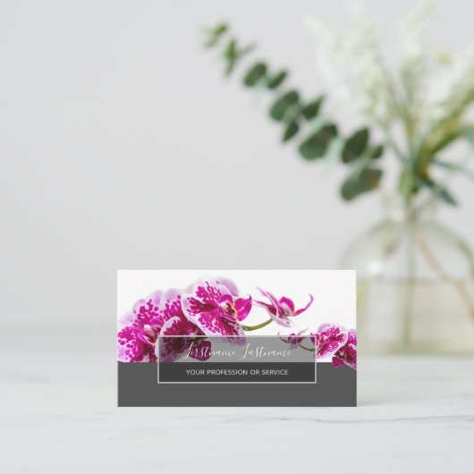Roze orchidee bloesem elegant grijze rechthoek visitekaartje (Staand voorkant)