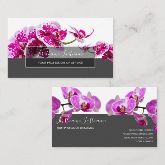 Roze orchidee bloesem elegant grijze rechthoek visitekaartje (Voorkant / Achterkant)