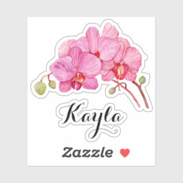 Roze orchidee bloesems met Jouw naam vinyl Sticker