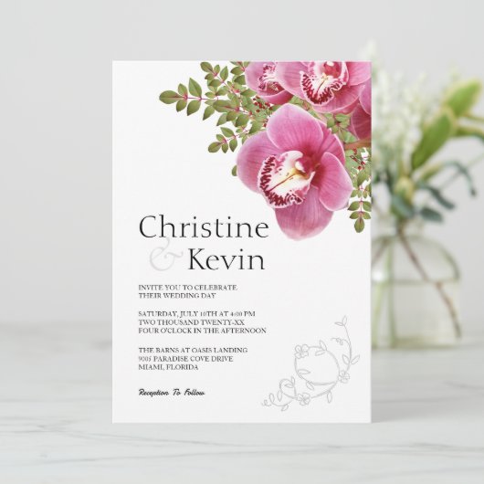 Roze Orchidee bruiloft uitnodiging (Staand voorkant)