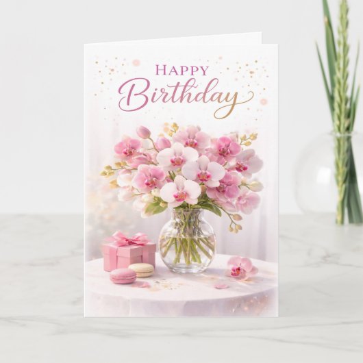 Roze Orchidee Elegante Verjaardag Kaart (Voorkant)