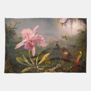 Roze orchidee en drie koeienvangers keukenhanddoek