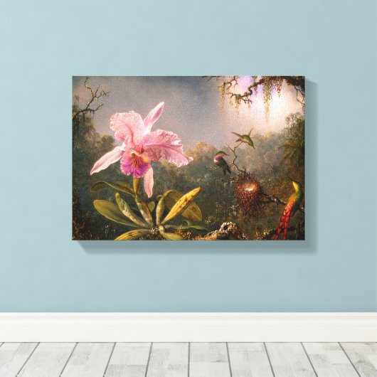 Roze orchidee en drie levende vogels canvas afdruk (Insitu (Houten vloer))