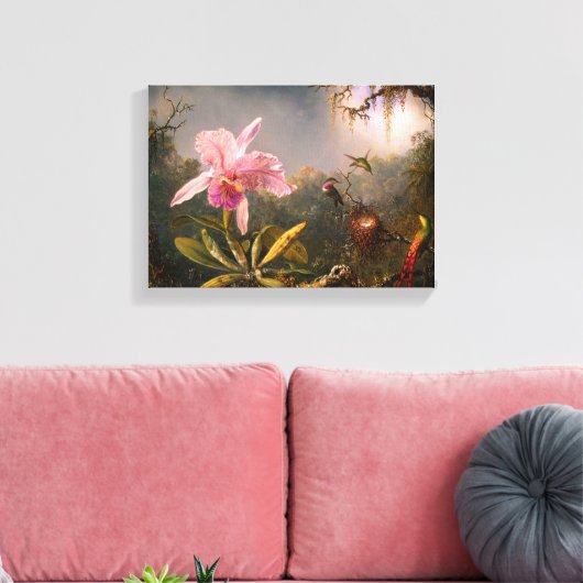 Roze orchidee en drie levende vogels canvas afdruk (Insitu (Woonkamer))