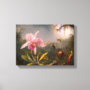 Roze orchidee en drie levende vogels canvas afdruk