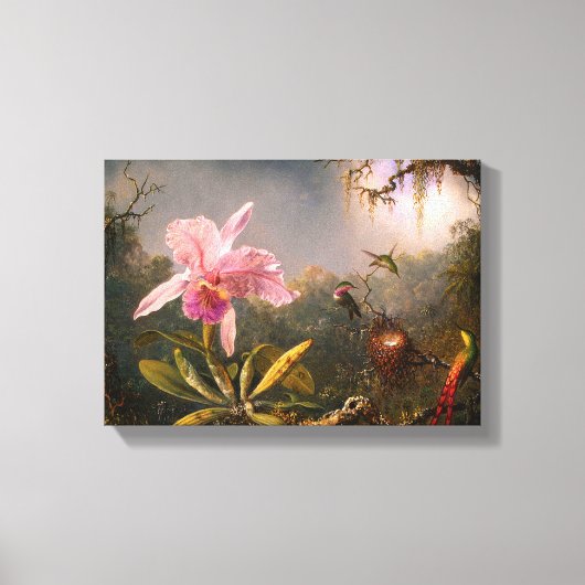 Roze orchidee en drie levende vogels canvas afdruk (Voorkant)