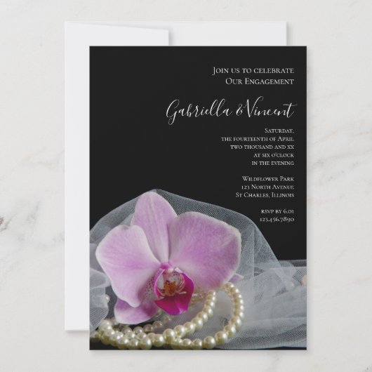 Roze orchidee en parels op de Zwarte Partij Kaart (Voorkant)