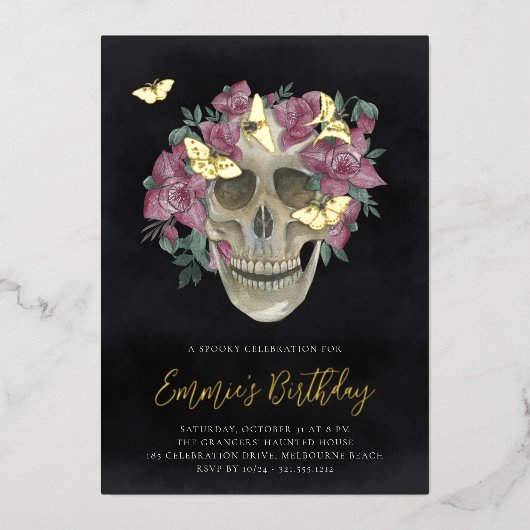 Roze orchidee Floral Skull Halloween Birthday Part Folie Uitnodiging (Voorkant)