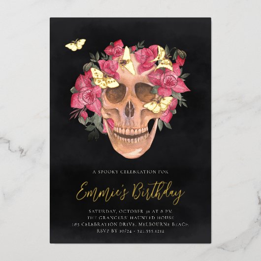 Roze orchidee Floral Skull Halloween Birthday Part Folie Uitnodiging (Voorkant)