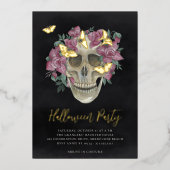 Roze orchidee Floral Skull Halloween Party Folie Uitnodiging (Voorkant)