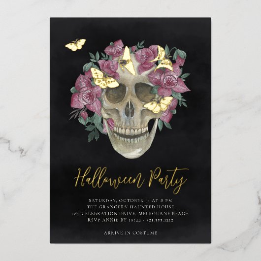 Roze orchidee Floral Skull Halloween Party Folie Uitnodiging (Voorkant)