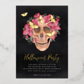 Roze orchidee Floral Skull Halloween Party Folie Uitnodiging (Voorkant)