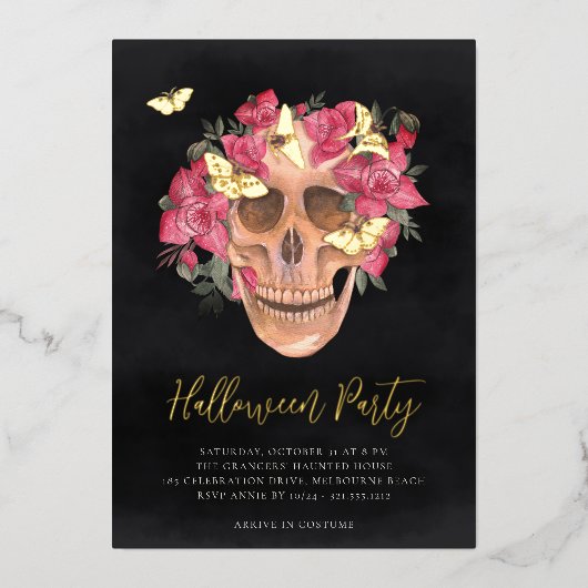 Roze orchidee Floral Skull Halloween Party Folie Uitnodiging (Voorkant)