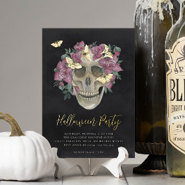 Roze orchidee Floral Skull Halloween Party Folie Uitnodiging