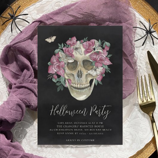 Roze orchidee Floral Skull Halloween Party Kaart