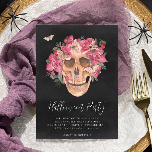Roze orchidee Floral Skull Halloween Party Kaart