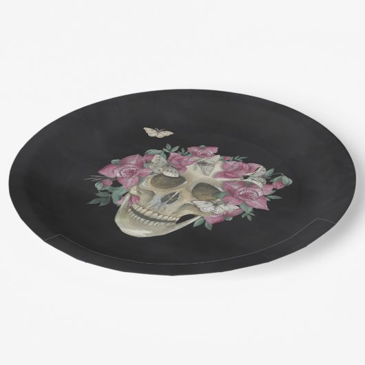 Roze orchidee Floral Skull Halloween Party Papieren Bordje (Gekanteld)