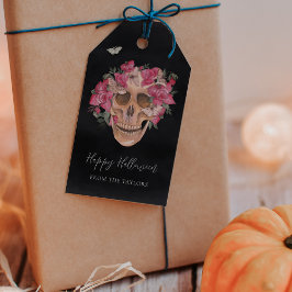 Roze orchidee Floral Skull Persoonlijk Halloween Cadeaulabel