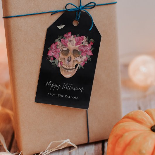 Roze orchidee Floral Skull Persoonlijk Halloween Cadeaulabel