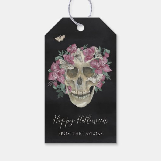 Roze orchidee Floral Skull Persoonlijk Halloween Cadeaulabel (Voorkant)