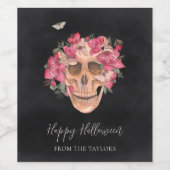 Roze orchidee Floral Skull Persoonlijk Halloween Wijn Etiket (Enkel label)