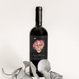 Roze orchidee Floral Skull Persoonlijk Halloween Wijn Etiket